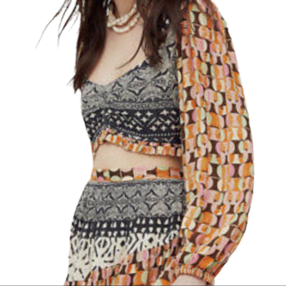New Free People Naomi Sm Black Orange Midriff Puff Sleeve Mixed Print Crop Top - Picture 8 of 11